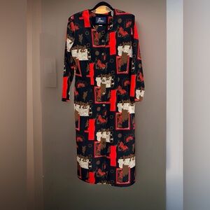 Vtg Jones of Dallas Elegant Black & Red Patterned Shirt Dress-1980's-EUC-10